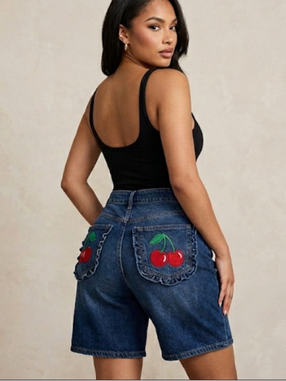 Ashley Mason High-Rise Dark Blue Denim Loose Jort - Picture 3 of 7